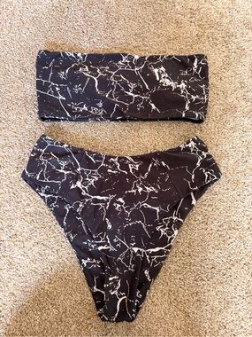 Black Marble Print Bandeau Bikini Set
